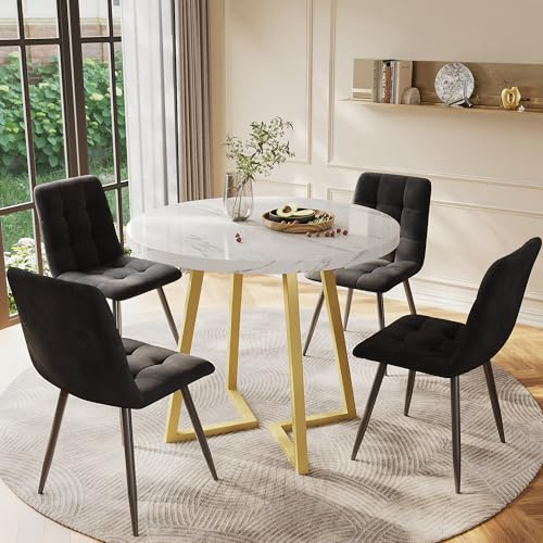 Juego de mesa de comedor de 5 piezas, moderno grupo de comedor con mesa de comedor y 4 sillas de comedor, mesa de cocina redonda de 80 cm de diámetro y patas de metal doradas (mesa dorada+sillas
