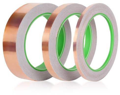 Lot de 3 rouleaux de ruban adhésif en cuivre avec adhésif conducteur pour réparations électriques, guitare, blindage EMI, artisanat, mise à la terre, vitrail (25 mm, 12 mm, 6 mm x 20 m)