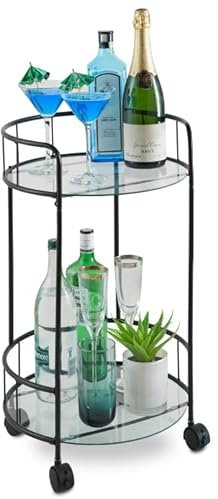 spot on dealz® Drinks Trolley Kitchen Island Bar Cart Trolley Serving Trolleys With Two Glass Shelves Black Mini Bar Table Four Plastic Castor Wheels Flat Pack