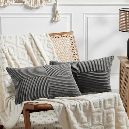 FDTERN 2er Set Dunkelgrau Kordsamt Kissenbezug 50x70CM Weich Moderne Dekorative Kissenbezüge Kissenhülle Dekokissenbezug Sofakissen Dekokissen Boho Deko für Sofa Schlafzimmer Wohnzimmer Bett