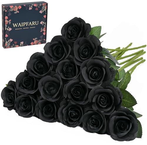 Waipfaru 16 Stück Künstliche Schwarze Rosen mit Langen Stielen, Künstliche Halloween Blumen für Dekoration, Künstlicher Rosenstrauß Seidenrosen für Home Decoration (Schwarz)
