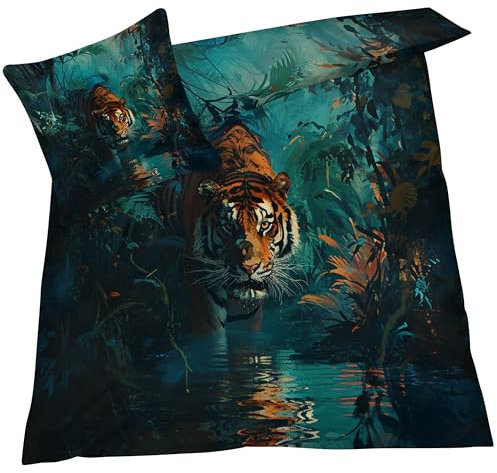 Bettwäsche 140x200 Tiger, Tiere Wald Bettbezug, Bettwäsche-Sets 2 teilig, Weich & Bügelfrei Mikrofaser Wendebettwäsche und 1 Kissenbezug 80x80 mit Umschlag 170