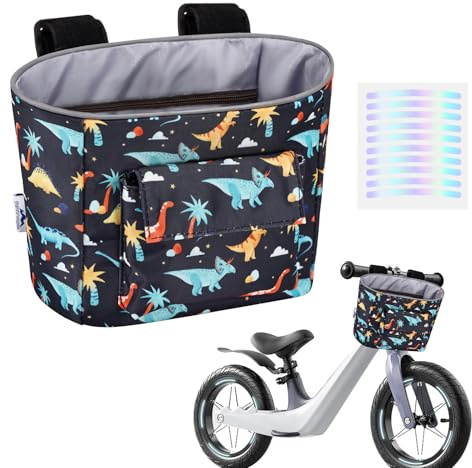 LOCAL LION Kids Bike Basket, Bike Handlebar Bag, Waterresistant Bicycle Basket, Thickened Bicycle Front Bag for Children's Balance Bike Tricycle Scooter, Blue Black-Dinosaur