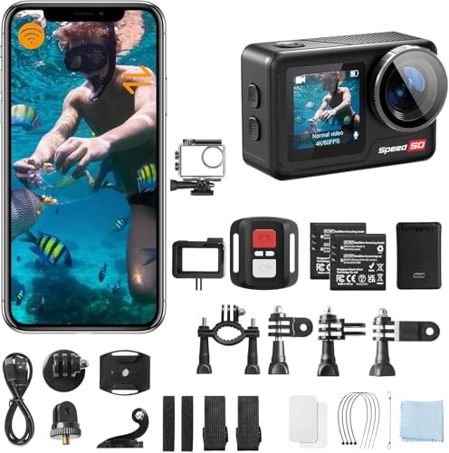 Hiicam Actionkamera Speed 50 4K60FPS 30MP WLAN mit 2-Zoll-Touchscreen, EIS (elektronische Bildstabilisierung), 5-fachem Zoom, Fernbedienung Action Cam,Vlog-Kamera with 2X 1550 mAh Akku (