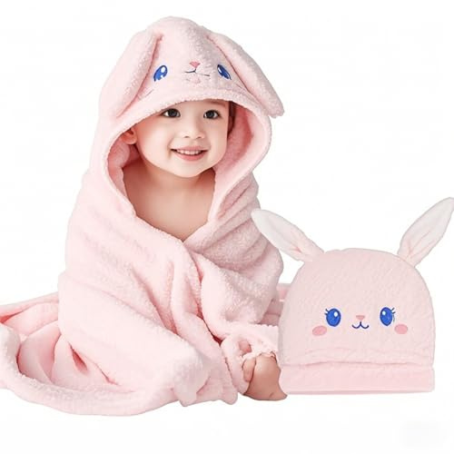 ICKEYOU Niedliches Babyhandtuch mit Tier-Kapuze, weiches Korallenfleece-Babyhandtuch mit Kapuze, großes Kleinkinderbadetuch (68,6 x 140,7 cm), ultrasaugfähiges Kapuzenbadetuch für Babys