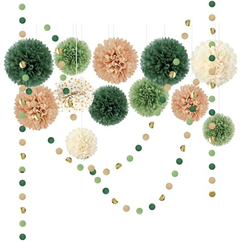 AOBKIAT Deko Geburtstags Grün Hochzeitsdekoration,15 Stück | mit Grün Seidenpapier Pompons,Papier Girlande Hängende Dekoration für Verlobung,Boho Hochzeit,Babyparty