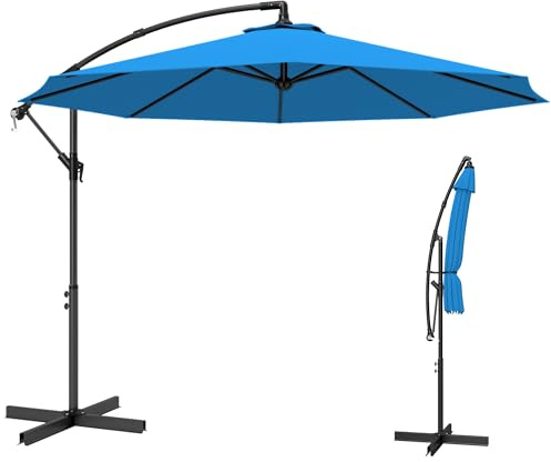 Outsunny 3 m Cantilever Parasol with Cross Base, Offset Outdoor Umbrella, Crank Handle, Hanging Sun Shade, Blue