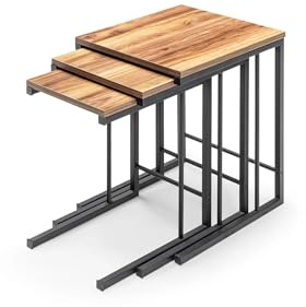Tubibu C-Beistelltische 3er-Set, platzsparende Satztische, C-förmige Couchtische mit Holzoptik & robustem Metallrahmen, einfache Montage, Wohnzimmer, Büro, Schlafzimmer