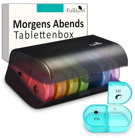 Fullicon Tablettenbox 7 Tage, Pillendose 2x Täglich, Schwarzer Regenbogen | Fach für 6 Fischöle oder 10 Vitamine, Ein-Finger-Öffnung, Doppelt Sicherer Verschluss, Robuste Scharniere