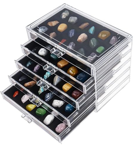 Dmnnlp Vitrine roche, 5 tiroirs 90 grilles en acrylique Rock Collection Box Étuis pour petites roches pierres précieuses fossiles pierre bijoux de collection (noir)