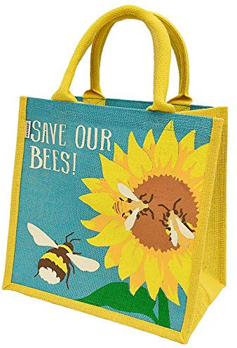 Shared Earth Jute Shopping Bag with Bees and Sunflower Print, Save The Bees!, 30 x 30 x 20 cm, Handmade in India