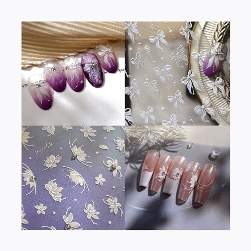 MSLSOZ 3D-prägte Nageldesign-Sticker, 2 Blätter selbstklebender 5D-Nageldekale (Schleife & Blumenmuster), Nagelzubehör – Dekorationszubehör für Nageldesign
