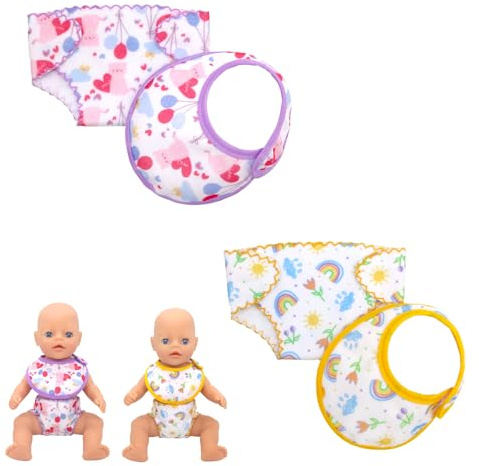 Neuytiky 4 Stück Puppenzubehör,Windel Babypuppe Windeln Lätzchen-Set,Babypuppen-Fütterungsset,Puppe Kleidung Zubehör,Puppenwindeln Stoff,für Sleepover Slumber Party (Lila und Gelb)