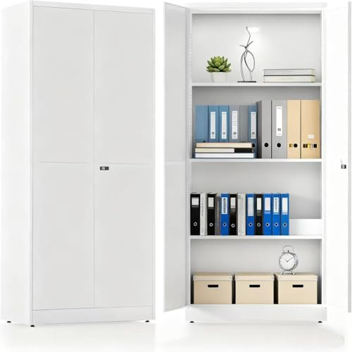 Aktenschrank, Büroschrank Abschließbar, Metallschrank mit Kombinationsschloss, Stahl-Aufbewahrungsschrank, Verstellbare Ablagen, Garage, Büro, Wohnzimmer, 180cm x 80cm x 40 cm, Weiß