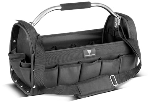 STAHLWERK Werkzeugtasche - 18 Außentaschen, 10 Innentaschen, robuste Installateur-Tasche, tragbarer Werkzeugkoffer, Montagetasche mit Tragegriff und Schultergurt, strapazierfähiges Polyester-Gewebe