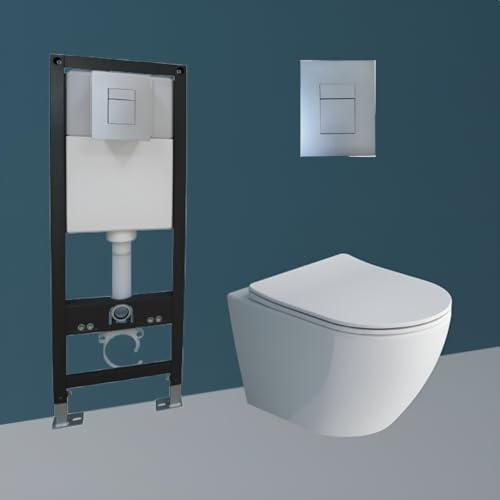 Durovin Bathrooms Modern Streamline Wall Hung Toilet Pan with 1.16M Concealed Cistern Frame with Rectangular Dual Flush Plate