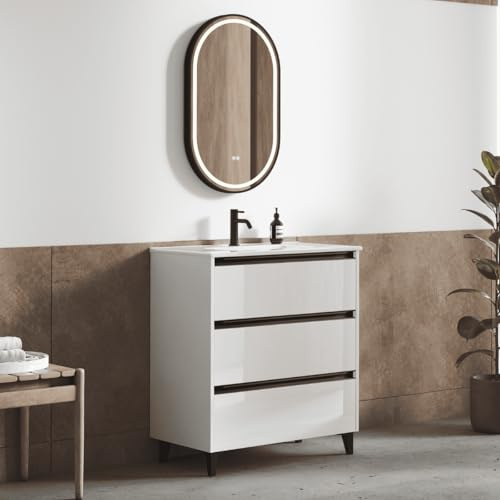 Mueble de Baño A Suelo con Lavabo Cerámico | Mueble Baño con Patas 3 Cajones con Tirador | 100 cm Blanco Brillo Tirador Negro