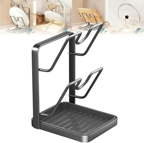 REGAPOG Support Couvercle Casserole avec Repose-Cuillère, Organiseur de Couvercles de Casserole et Porte-Cuillère pour Cuisine, Range-Couvercles Pratique avec Bac de Rangement (Noir double couche)
