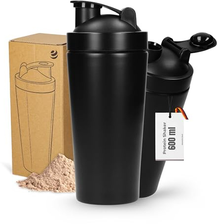 Protein Shaker Edelstahl 600 ml - doppelwandiger & auslaufsicherer Shaker | Fitness, Gym, Eiweißshaker, Sportnahrung, Mixball, klumpenfrei, langlebig