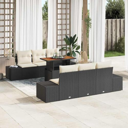 PHGTYUK Garten Essgruppe mit Kissen 7 pcs Schwarz und Creme Poly Rattan Sofa Set mit Akazienholz Tisch und Stauraum für Terrasse Außenbereich