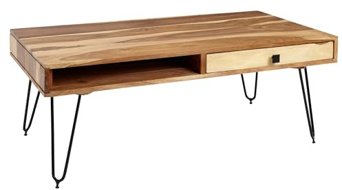 FineBuy Couchtisch 110x60x40 cm Akazie Massivholz, Hairpin Beine | Wohnzimmertisch Industrial mit 2 Schubladen und Ablagefächern, Sofatisch aus Echtholz, handgefertigt
