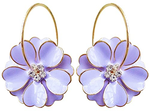 Navachi Orecchini a cerchio placcati oro 18 carati con fiore smaltato (diametro 3 cm), smalto, cristallo