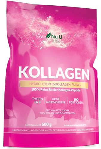 Collagen Powder 600g Large Pouch - 100 Servings - Premium Type I & II Bovine Collagen Peptides Hydrolysate Supplement Gold Edition - 3+ Month Supply - Unflavoured - Nu U Nutrition