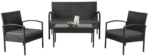 Juskys Polyrattan Gartenmöbel Set Trinidad mit Tisch, Sofa & 2 Stühlen - 4 Personen - Sitzkissen grau - Balkonmöbel Sitzgruppe Balkonset Garten Balkon