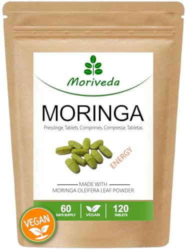 MoriVeda® Moringa Energy Tablets 950mg, 120 unidades. I Moringa altamente dosificada, con vitaminas, proteínas y aminoácidos en ayurveda I Vegano y sin gluten I 120 Tabs.