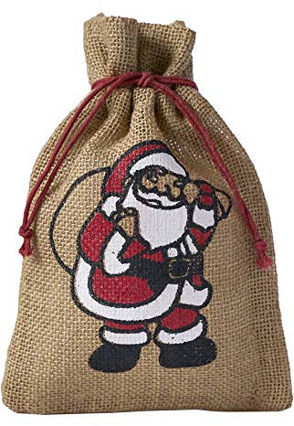 | 3 naturfarbene Jutebeutel, Jutesäcke mit farbigem Weihnachtsmann Motiv, Nikolaus, Geschenkverpackung, Weihnachten, Dekoration, Santa Claus, Geschenk, Advent, Winter, Weihnachtsfest (30x20)