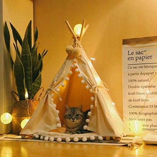 Sport Tent Haustier Hause Hunde Tipi Zelt Haustierhütte für Hunde Welpen Katzen, Haustierbett Hundebett Hundehaus mit abnehmbarem und waschbarem Kissen, Pompons (L (7-15KG), mit Kissen)