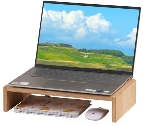 KIRIGEN Holz Monitorständer – Desktop Organizer für PC/Laptop/TV/Drucker | Büro-Aufsatz mit Stauraum Länge 39 Zentimeter natürliche Farbe