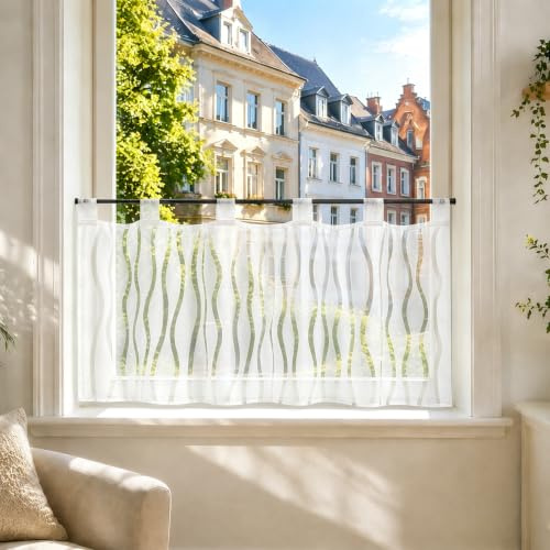 Joyswahl Scheibengardine Voile Ausbrenner Bistrogardinen Angela 30x120 Weiß | Kurzgardine mit Schlaufen,Wellen,1er Pack,Küchengardinen landhaus,Kurzstores Halbtransparent,Fenstergardinen,Gardinen