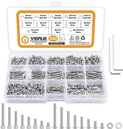 M2.5 Schrauben Set, VIGRUE 840Pcs M2.5 Sechskantschraubenset, Edelstahl Metrische Schrauben und Muttern set, SchraubenSortiment Innensechskant Gewindeschrauben,Maschinenschrauben