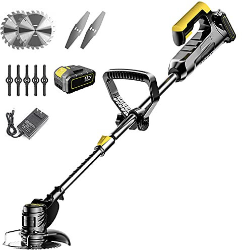 Decespugliatore Batteria Tagliabordi Elettrico Telescopico Giardino Taglia Erba Con Lame Metalliche E Batteria 42V,Testata Regolabile E Maniglia Telescopica, Per Prato Campo Da Giardino