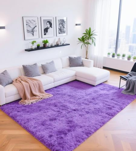 ROHATIM Teppich Flur 80 x 150 cm Violett Waschbar Rutschfester Hochflorteppich Schlafzimmer Kinderzimmer Flauschiger Teppiche