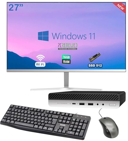 Mini PC Reconditionné Complet | Intel Core i5-8400 | 16Go RAM | SSD 512Go | Windows 11 Pro + Office 2021 | Écran 27 avec Haut-parleurs | Wi-FI | Clavier Souris Inclus (Reconditionné)