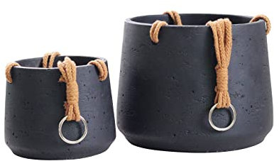 Copenhagen Keramik-Hängetopf in Mattschwarz, 2er-Set, inkl. Seil zum Aufhängen, Keramik-Zement-Hängepflanzgefäße für drinnen und draußen, strukturierte Optik, große und mittelgroße Blumentöpfe
