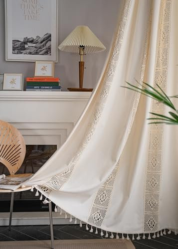 iyoimono Boho Vorhänge 2er Set Beige Vintage Gardinen Landhausstil Häkeln Stricken Vorhänge,Baumwolle Leinen Quaste Transluzente Verdunklung Gardinen für Küche Wohnzimmer Schlafzimmer,B150×H240cm