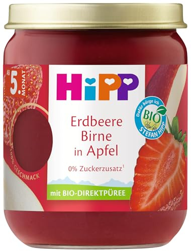 HiPP Bio Erdbeere Birne in Apfel (6 x 160g), Babygläschen ab 5. Monat, ohne Zuckerzusatz, mit intensivem Fruchtgeschmack dank Direktpüree und schonender Verarbeitung