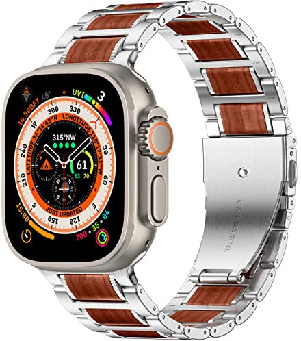 Oielai 24mm Breit Holz Band Kompatibel mit Apple Watch Armband 49mm für Herren, Edelstahl Metall mit Sandelholz Armband für Apple Watch Ultra 3 2 1, Silber/Sandelholz