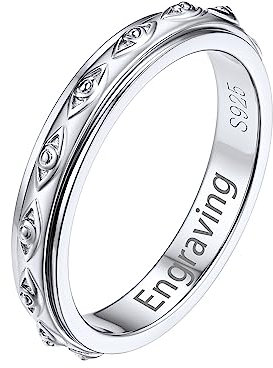 Silvora Benutzerdefinierter Böses Auge Bandring mit Textgravur 3.5mm breit Dünner Spinner Fingerring Drehbarer Anti-Stress Fidget Ringe Roller Ring Ringgröße 67.2（21.25） für Verlobungsring Ehering
