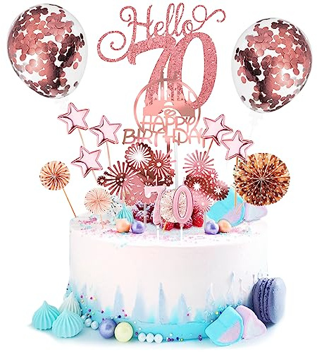 Tortendeko 70 Geburtstag Männer Frauen 17 Pcs Cake Topper Happy Birthday Kuchen Dekoration 70 Geburtstag Torten Topper Deko mit geburtstagskerzen Sternen Konfetti-Luftballons und Papierfächer Roségold