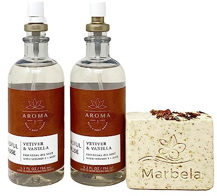 Bath & Body Works Aroma Mindful Pause VETIVER & Vanilla 2 Essential Oil Mist Set with a Creamy Rose Bar Soap