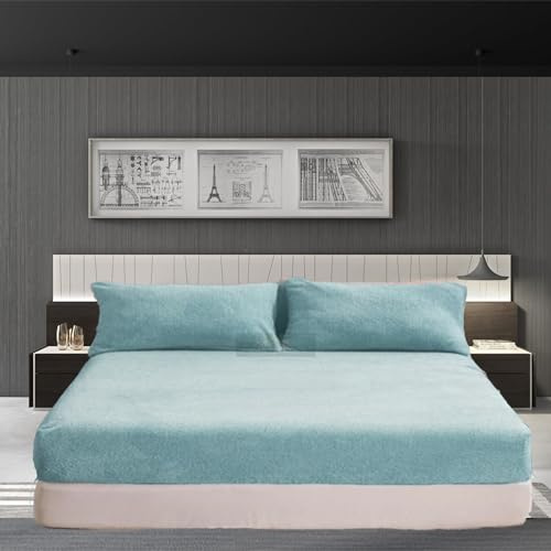 PARADISE STAR Teddy Fleece Fitted Bed Sheet – Ultra Soft Warm Cosy Plush Bedding, Extra Deep 30cm Pocket Fitted Sheet for Bed, Winter Luxury Mattress Cover (Duck Egg, Small Double 4FT 122x190cm)