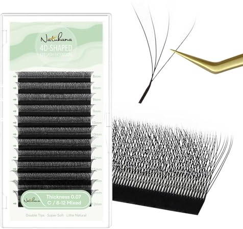 Natuhana W Extensiones de Pestañas 4D Pelo a Pelo 0.07mm C Rizado 8-12mm Prefabricado Natural Volumen Ruso Clover Negro Profesional Eyelash(0.07, C, 8-12mm) | Pestañas en forma de W de volumen suave para salón profesional