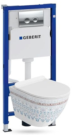 Lavita Duofix Basic Vorwandelement + Wand Tiefspül WC Sofi Slim Folklor Spülrandlos + WC Sitz + Bedienplatte Delta 25 Verchromt Knopf Komplettset Unterputz Spülkasten Toilette Komplett Sett WC