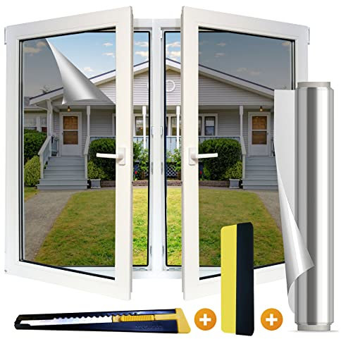 ViShawtek Película para Ventana Anti 99% UV de Privacidad, Aislamiento Película de Protección Solar Autoadhesiva para Indoor, Vinilos para Ventanas con Efecto Espejo, Hogar y Oficia, Plata 118*200cm