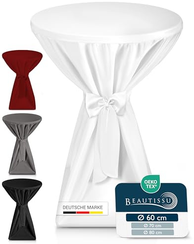 Beautissu Premium Stehtischhusse Blickdicht rutschfest bügelfrei hussen | Ø60-65cm Weiß 40°C waschbar Stehtischüberzug Husse für Stehtisch Bistrotisch Bartisch Gastronomie Hochzeit Giulia Premium