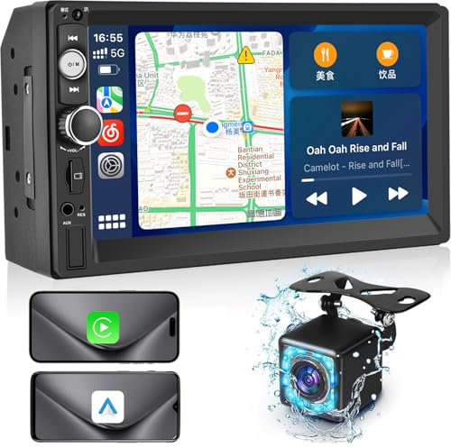 NHOPEEW Autoradio 2 Din con Senza fili Carplay e Android Auto - Radio 2 Din 7 pollici Supporto Mirror Link Controllo volante - Ingresso TF/USB/AUX Lettore multimediale per auto + Telecamera di backup